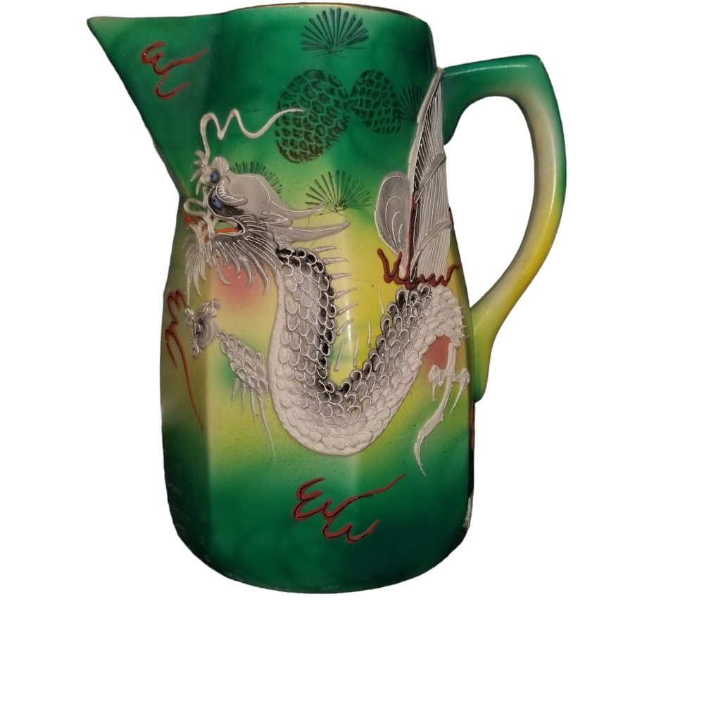 Pitcher VERY RARE Turquoise yellow green Dragonware Pitcher Beautiful good vtg